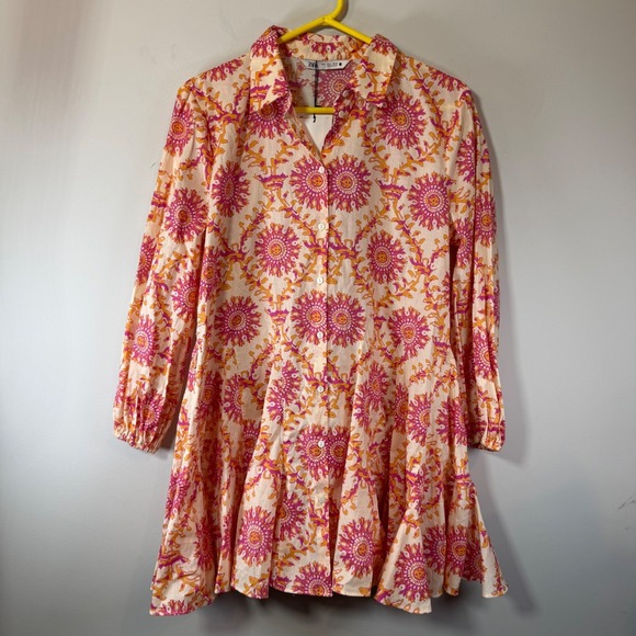 Zara Dresses & Skirts - NWT Zara Sun Medallion Mini Dress Women L Pink Orange Ruffle Cotton Boho No Belt